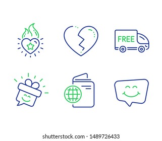Free delivery, Broken heart and Heart flame line icons set. Travel passport, Smile and Smile chat signs. Shopping truck, Love end, Love fire. Trip document. Holidays set. Vector
