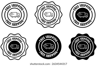 Free delivery business sale label tag with truck and text on white background. Free shipping badge icon design. Ecommerce shipping label icons. Monochrome free shipping design. Fast shipping sticker