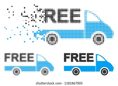 Free delivery car icon in dispersed, dotted halftone and original versions. Particles are composed into vector dissipated free delivery car icon. Disintegration effect involves rectangular particles.