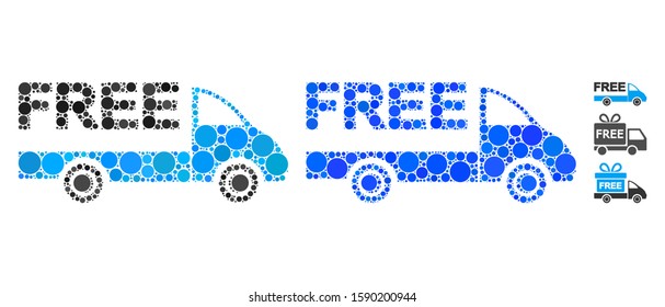 Free delivery car mosaic of circle elements in variable sizes and shades, based on free delivery car icon. Vector circle elements are composed into blue mosaic.