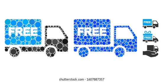 Free delivery car mosaic of round dots in variable sizes and color tinges, based on free delivery car icon. Vector dots are united into blue composition.