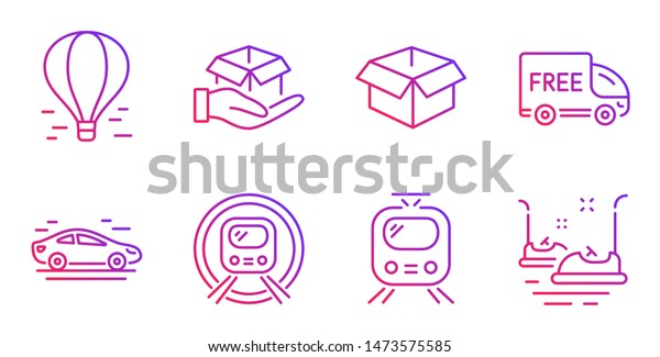 Free delivery, Car\
and Opened box line icons set. Metro subway, Hold box and Air\
balloon signs. Train, Bumper cars symbols. Shopping truck,\
Transport. Transportation set.\
Vector