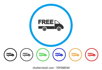 Free Delivery Car rounded icon. Vector illustration style is a grey flat iconic free delivery car symbol inside a circle. Additional color variants are black, gray, green, blue, red, orange.