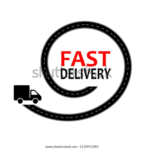 free delivery car truck on\
a spiral road fast drive . black red on white silhouette flat style\
vector 