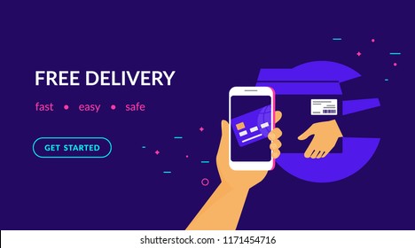 Free delivery for clients how pay by credit card via mobile app. Flat vector neon website template and landing page design of human hand holds smart phone and paying online by card using ecommerce app