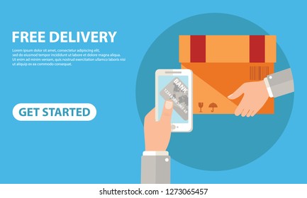 Free delivery for clients how pay by credit card via mobile app. Flat vector neon website template and landing page design of human hand holds smart phone and paying online by card using ecommerce app
