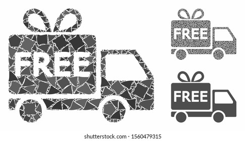 Free delivery composition of rugged parts in variable sizes and shades, based on free delivery icon. Vector ragged parts are combined into collage. Free delivery icons collage with dotted pattern.