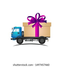 Free delivery concept.  Blue  truck with gift box. Vector illustration for banner for website - transportation truck with a gift. 