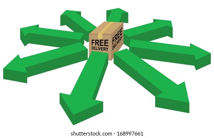 free delivery concept with cardboard box and arrow pointing away 