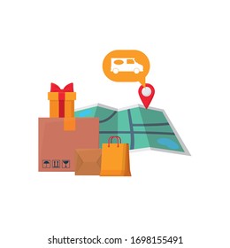 free delivery concept, gift boxes, shopping bag and map icon over white background, colorful design, vector illustration