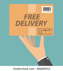 Free delivery concept. Hand holding cardboard package with delivery signs, free delivery text and barcode on it. Flat design