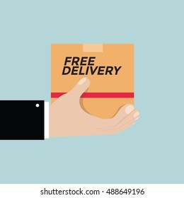 Free delivery concept. Hand holding cardboard package with delivery signs. vector