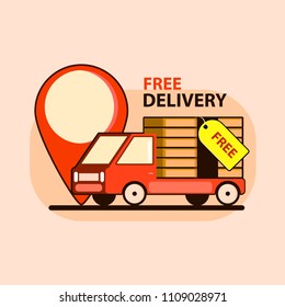 Free delivery concept illustration in flat style. Car with big point. Vector illustration design.