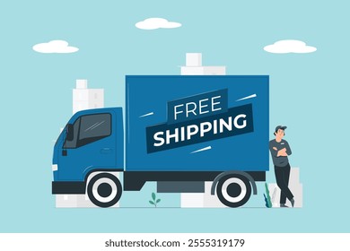 Free delivery concept illustration. Delivery truck with "Free Shipping" sign and a courier, representing free shipping and fast delivery.