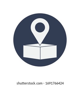 free delivery concept, location pin and box icon over white background, block style, vector illustration