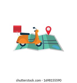 free delivery concept, map with motorcycle and location pin icon over white background, flat style, vector illustration