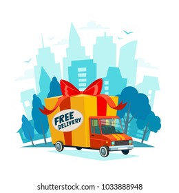 Free delivery concept. Delivery truck with gift box, parcel. Delivery service Shipping by car or truck. Flat style design truck on Urban landscape. Blue city silhouette background. Vector illustration