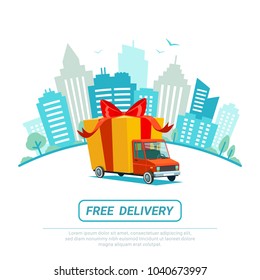 Free delivery concept. Delivery truck with gift box, parcel. Delivery service Shipping by car or truck. Flat style design truck on Urban city scape. Blue city silhouette background. Vector