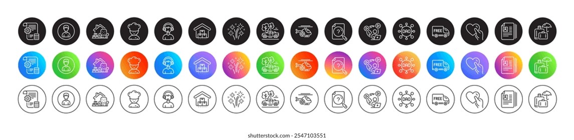 Free delivery, Consultant and Dao line icons. Round icon gradient buttons. Pack of Pickup, Fireworks, Person icon. Medical helicopter, Cooking chef, Video conference pictogram. Vector