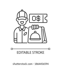Free delivery coupon linear icon. Exclusive promo code. Restaurant orders. Free servicing. Thin line customizable illustration. Contour symbol. Vector isolated outline drawing. Editable stroke