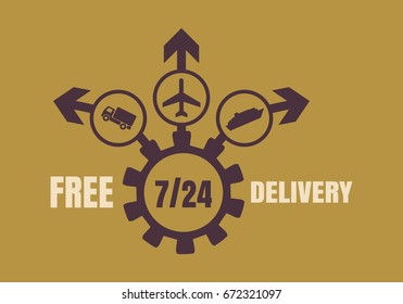 Free delivery emblem design. Truck, airplane and ferry boat icons on destination arrows. 7 day 24 hours time operation mode