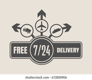 Free delivery emblem design. Truck, airplane and ferry boat icons on destination arrows. 7 day 24 hours time operation mode