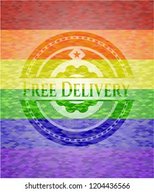 Free Delivery emblem on mosaic background with the colors of the LGBT flag