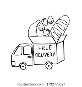Free Delivery. Express delivery van. Vector illustration on white background. For cards, posters, decor, t shirt design, logo.