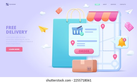 Free delivery, fast delivery, online order, online shopping with smartphone design concept for landing page. 3d vector illustration with tiny characters for  website, banner, hero image.