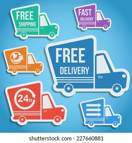 Free delivery, fast delivery, free shipping, around the world, around the clock shuttle truck colorful icons set with blend shadows. Vector.