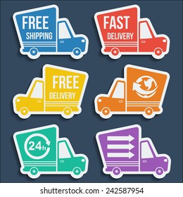 Free delivery, fast delivery, free shipping, around the world, around the clock colorful icons set with blend shadows. Vector.