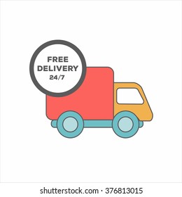 Free delivery, fast delivery, free shipping, around the world, around the clock colorful logo icons set on white background. Vector. line