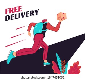 Free delivery of goods. A man runs quickly with a box in his hands. For flyer, web, leaflet or banner. Vector illustration