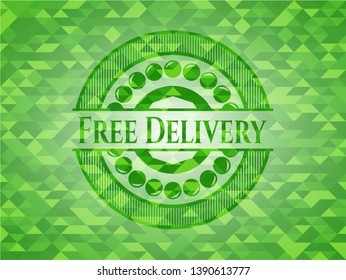 Free Delivery green emblem with mosaic ecological style background. Vector Illustration. Detailed.
