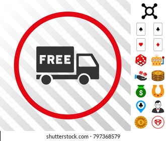 Free Delivery grey icon inside red circle with bonus gamble pictograms. Vector illustration style is flat iconic symbols. Designed for gamble apps.