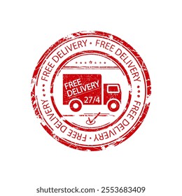 Free delivery grunge red round rubber stamp with truck icon