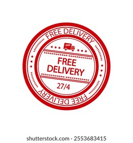 Free delivery grunge red round rubber stamp with truck icon