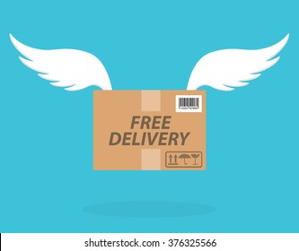 Free delivery icon concept. Flying cardboard box with tape, barcode and delivery symbols . Flat design