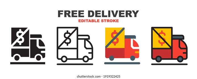 Free delivery icon set with different styles. Colored vector icons designed in filled, outline, flat, glyph and line colored. Editable stroke style can be used for web, mobile, ui and more.