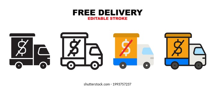 Free Delivery icon set with different styles. Icons designed in filled, outline, flat, glyph and line colored. Editable stroke and pixel perfect. Can be used for web, mobile, ui and more.