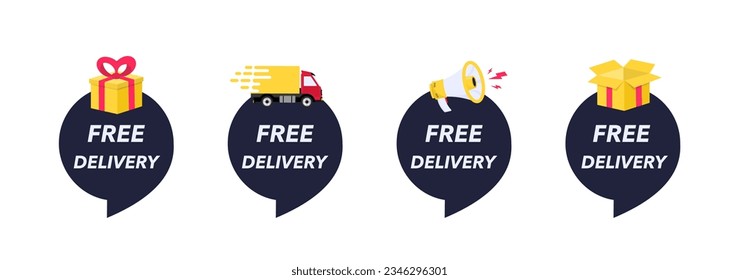 Free delivery icon set. Free delivery service logo. Shipping fast. Banner with truck, box and megaphone. Vector illustration