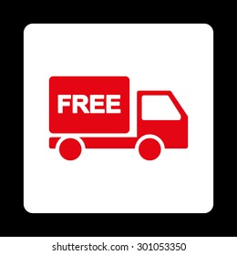 Free delivery icon. This flat rounded square button uses red and white colors and isolated on a black background.