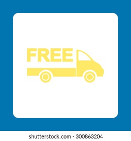 Free delivery icon. Vector style is yellow and white colors, flat rounded square button on a blue background.