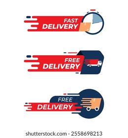 Free delivery icons, fast shipping and courier service labels, vector truck and box cargo tags. Free and fast delivery stickers set vector illustration.