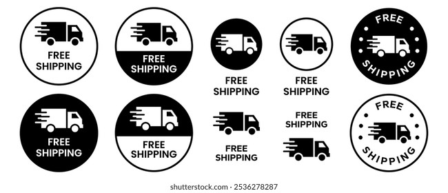 Free delivery icons set. Free shipping label, express delivery badge, fast delivery logo, logistic, courier parcel shipment cargo. Free Delivery truck, van, car, motorcycle, bicycle, scooter icon.