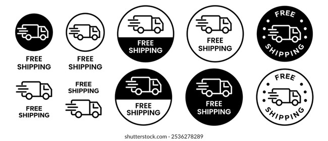 Free delivery icons set. Free shipping label, express delivery badge, fast delivery logo, logistic, courier parcel shipment cargo. Free Delivery truck, van, car, motorcycle, bicycle, scooter icon.