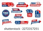 Free delivery icons, truck and arrow for shipping or courier service vector 24 hours express order symbols. Free delivery stickers with van car and parcel box or mail package for express shipping