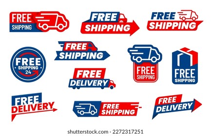 Free delivery icons, truck and arrow for shipping or courier service vector 24 hours express order symbols. Free delivery stickers with van car and parcel box or mail package for express shipping