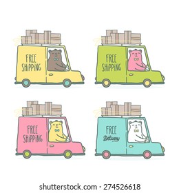 Free delivery illustration - cute cartoon bear in the car truck with carton boxes
