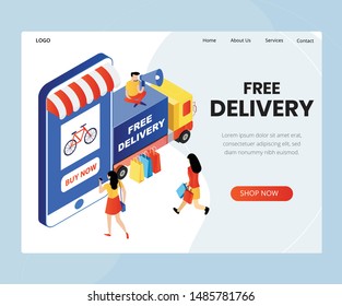 Free Delivery isometric website template. Fast food shipping.